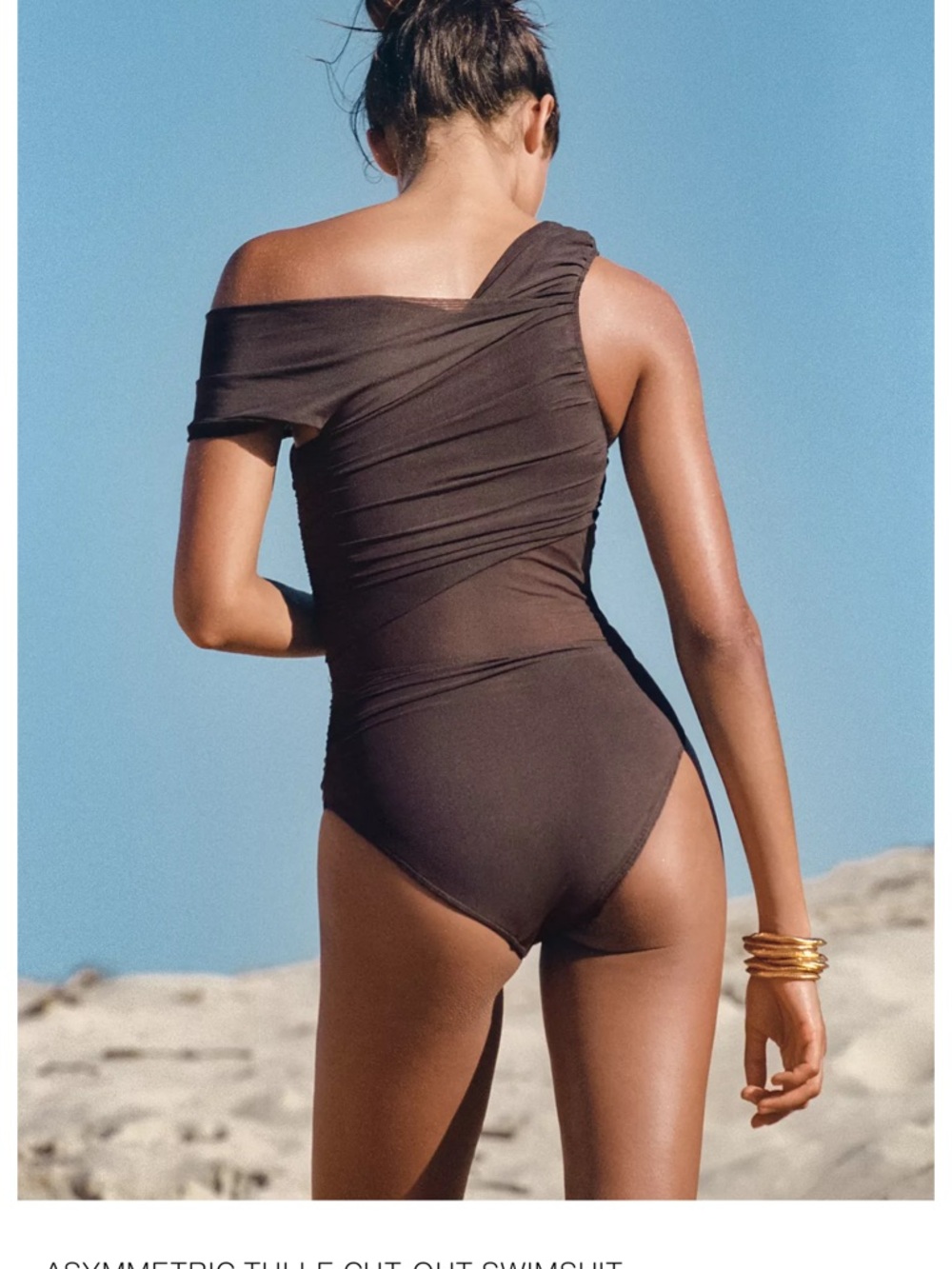 Asymmetric Tulle Cut-Out One Shoulder Swimsuit Brown Size Small NWT’s - Picture 6 of 9